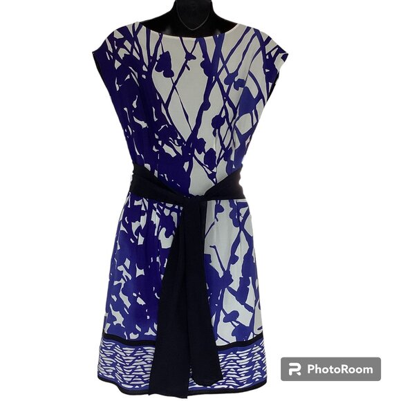 White with Cobalt Blue Foral Silk Dress with Sash - Picture 5 of 7